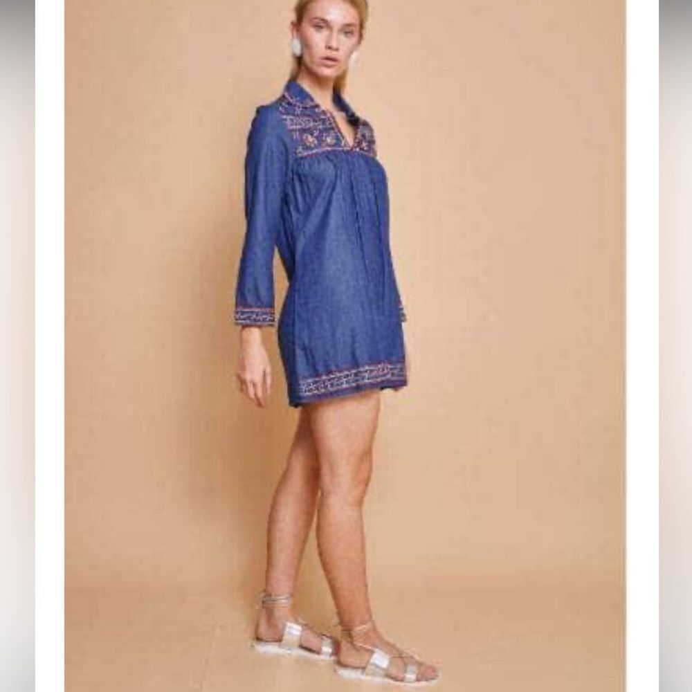 Guadalupe Design Elie Embroidered Chambray Denim Tunic Top/Mini Dress